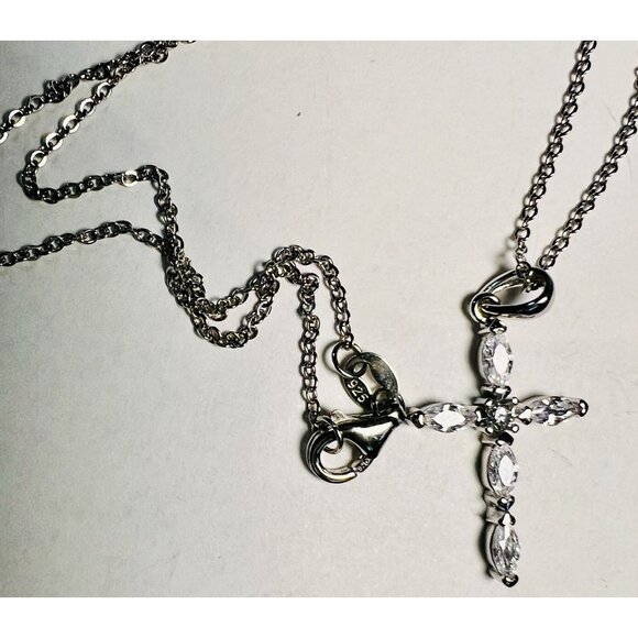 Sterling Silver Cross Pendant Necklace 18" With Cubic Zirconia Stones - Picture 2 of 5